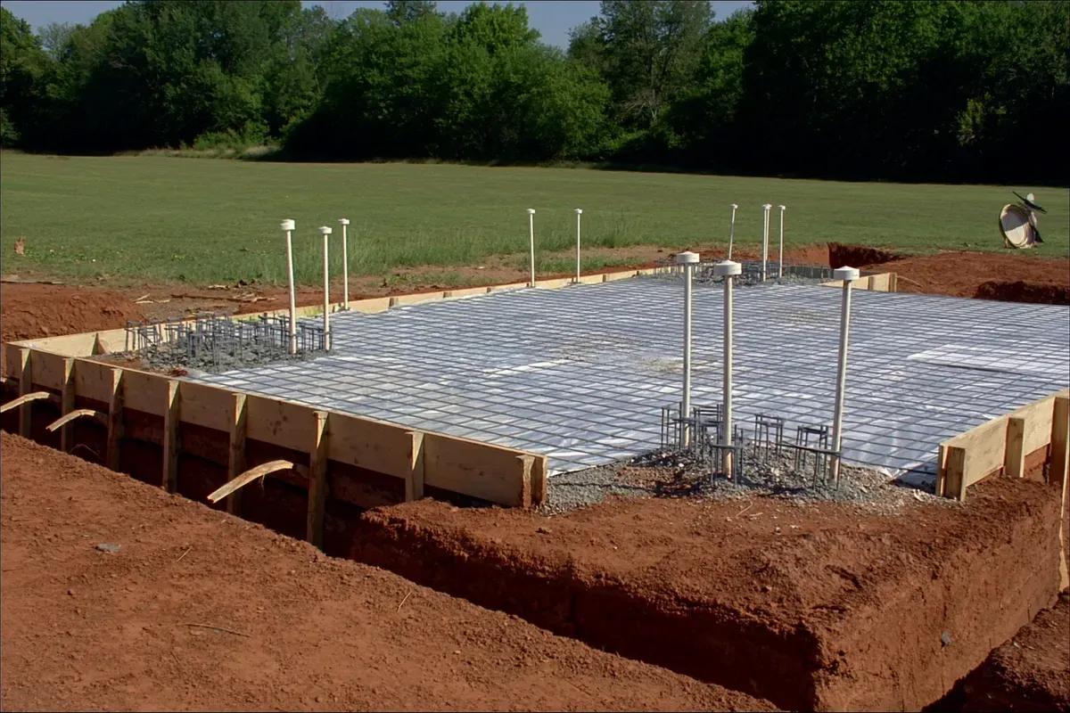 Monolithic slab foundation forms with a rebar grid and plumbing stub-outs on a red clay pad in Alabama