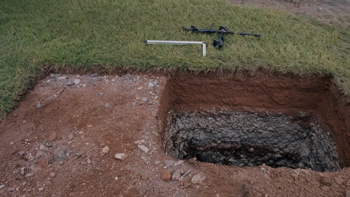 Open soil evaluation pit in red clay with a limestone layer in North Alabama